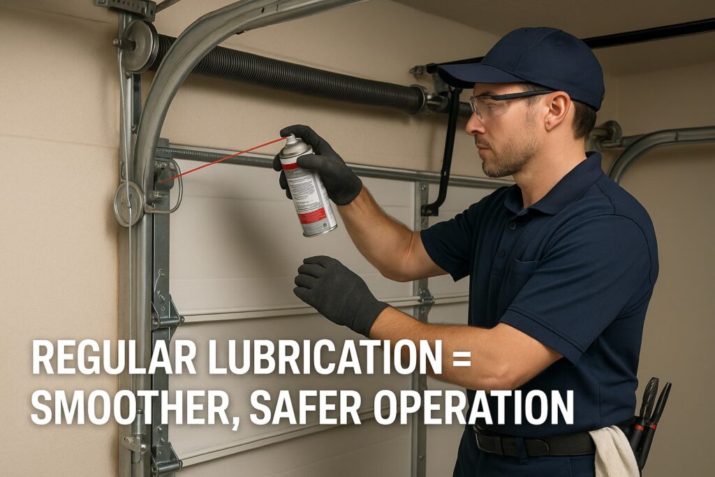 Garage Door Cable Emergency? Here's What You Should Do Right Away 4 Technician lubricating garage door parts with spray to ensure smoother, safer operation and prevent wear.
