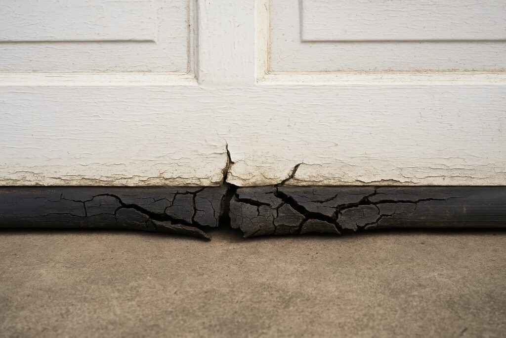 What Houston, TX Homeowners Need to Know About Weather Sealing Garages 4 Damaged garage door bottom with cracked rubber weather sealing.