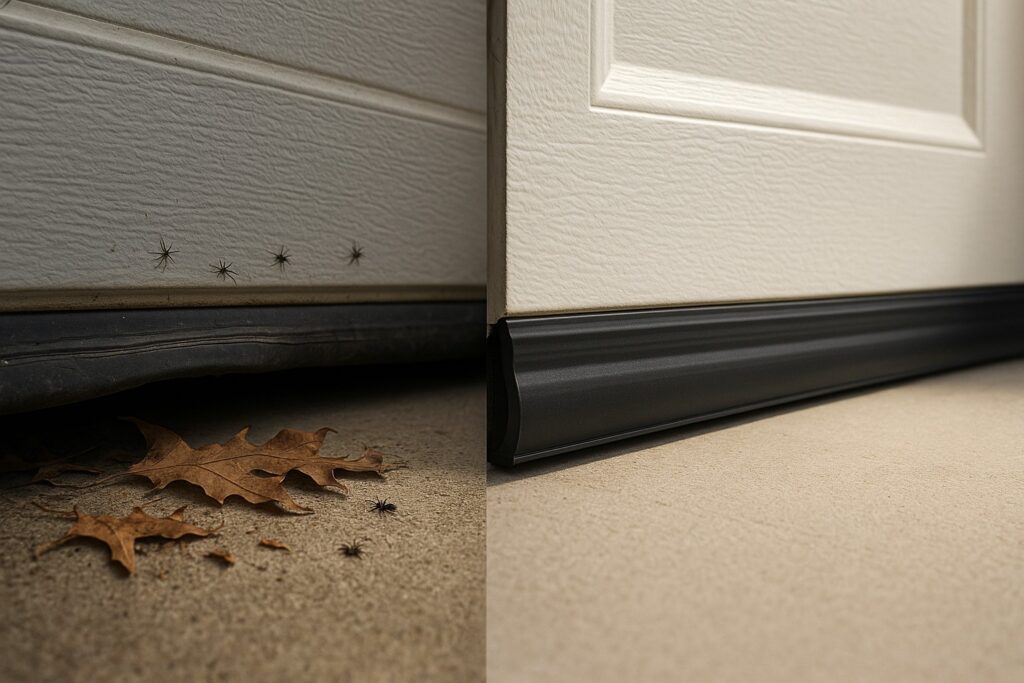 What Houston, TX Homeowners Need to Know About Weather Sealing Garages 3 Comparison of old and new garage door weather sealing preventing pests and debris.