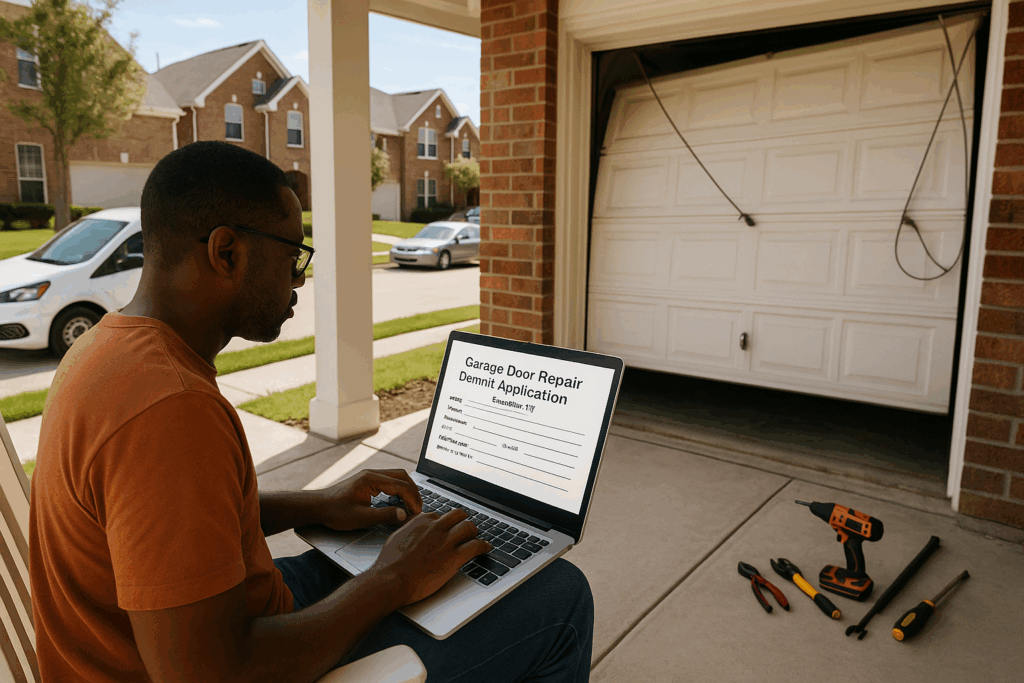 Houston, TX Garage Door Repairs: Do You Need a Permit? 4 Homeowner applying online for permit while broken door awaits garage door repairs.