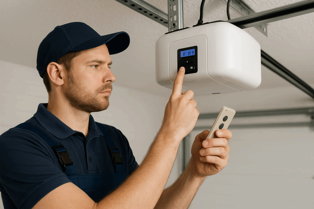 Houston, TX Garage Door Repairs: Do You Need a Permit? 3 Technician adjusting a smart garage door opener during garage door repairs.
