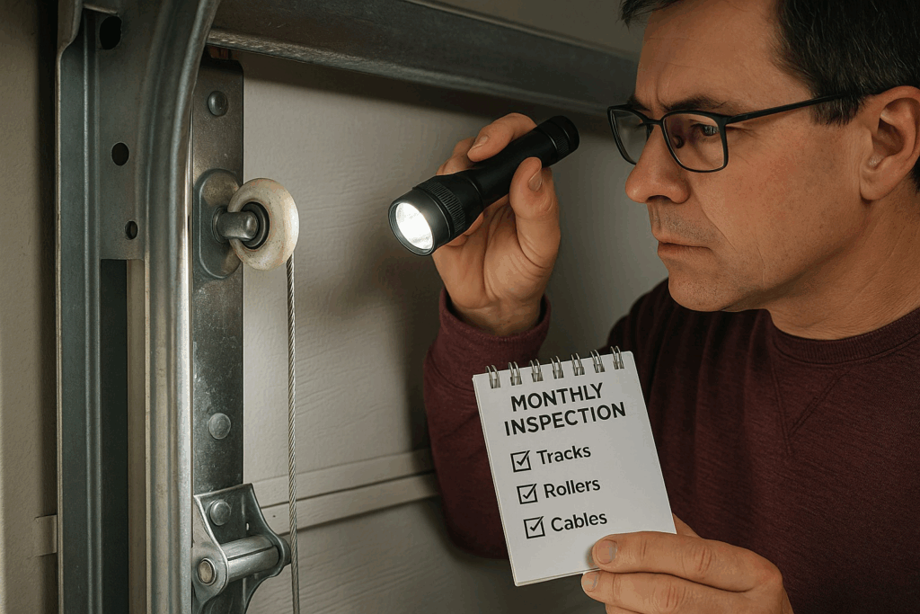 Houston Residents: Affordable Services to Repair Garage Door Rollers and Hinges 3 Homeowner performing monthly inspection with flashlight and checklist, examining tracks, rollers, and cables to maintain and repair garage door.