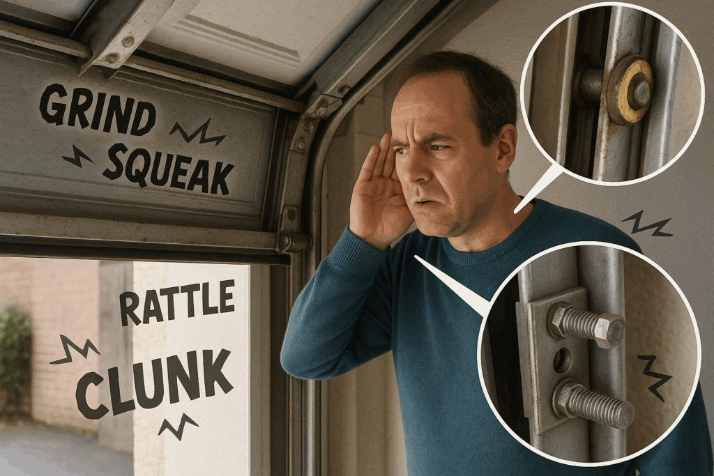 Houston Residents: Affordable Services to Repair Garage Door Rollers and Hinges 2 Homeowner listening to grinding, squeaking, and rattling noises from garage door, showing signs that it is time to repair garage door.