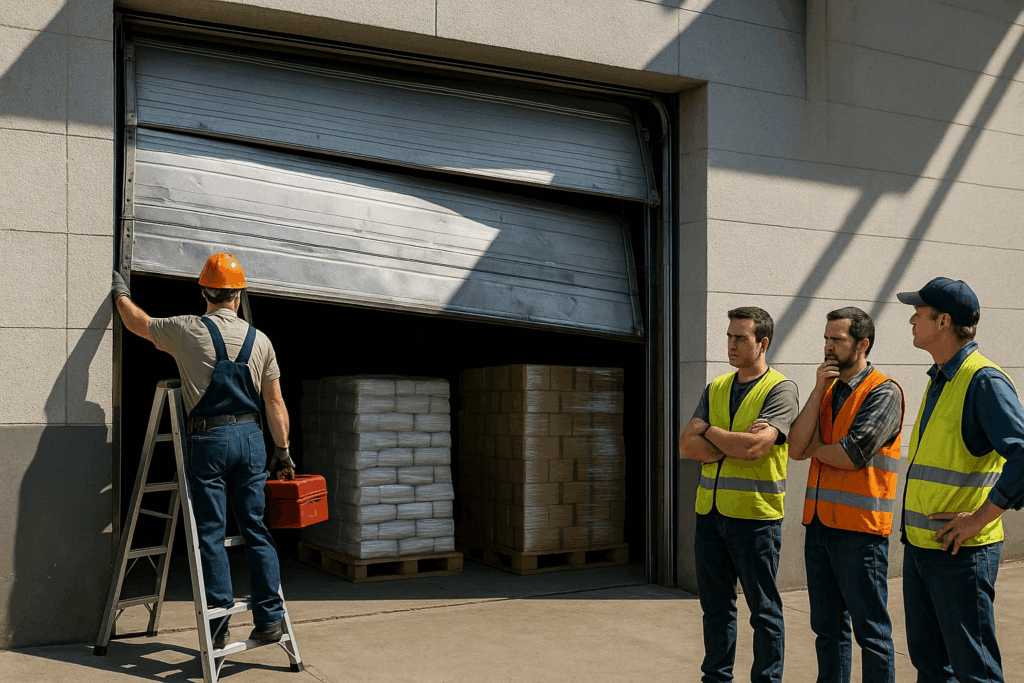 How Routine Maintenance and Commercial Garage Door Repair Extend Door Lifespan in Houston, TX 2 Technician inspecting damaged warehouse door with team watching during commercial garage door repair.