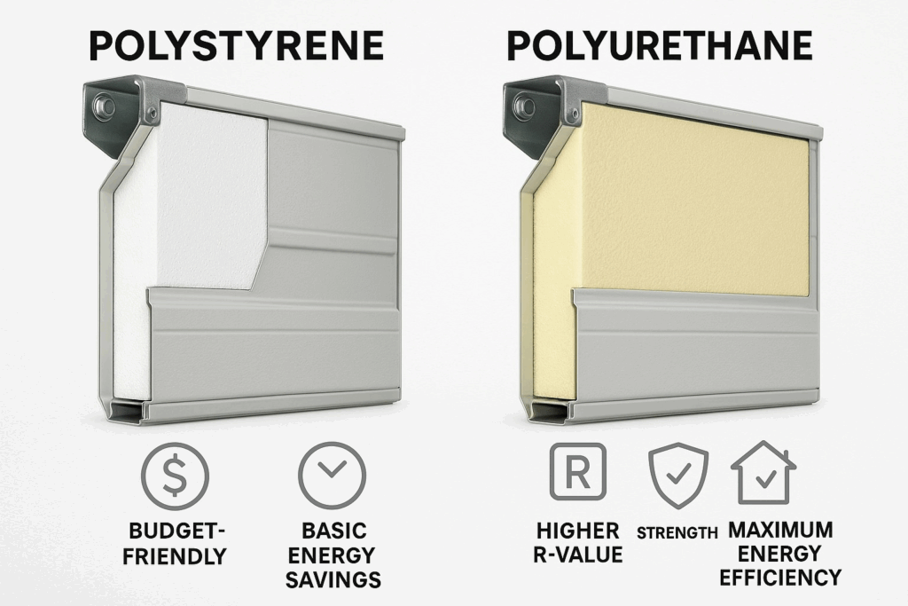 Comparison of polystyrene and polyurethane insulation for modern garage doors.