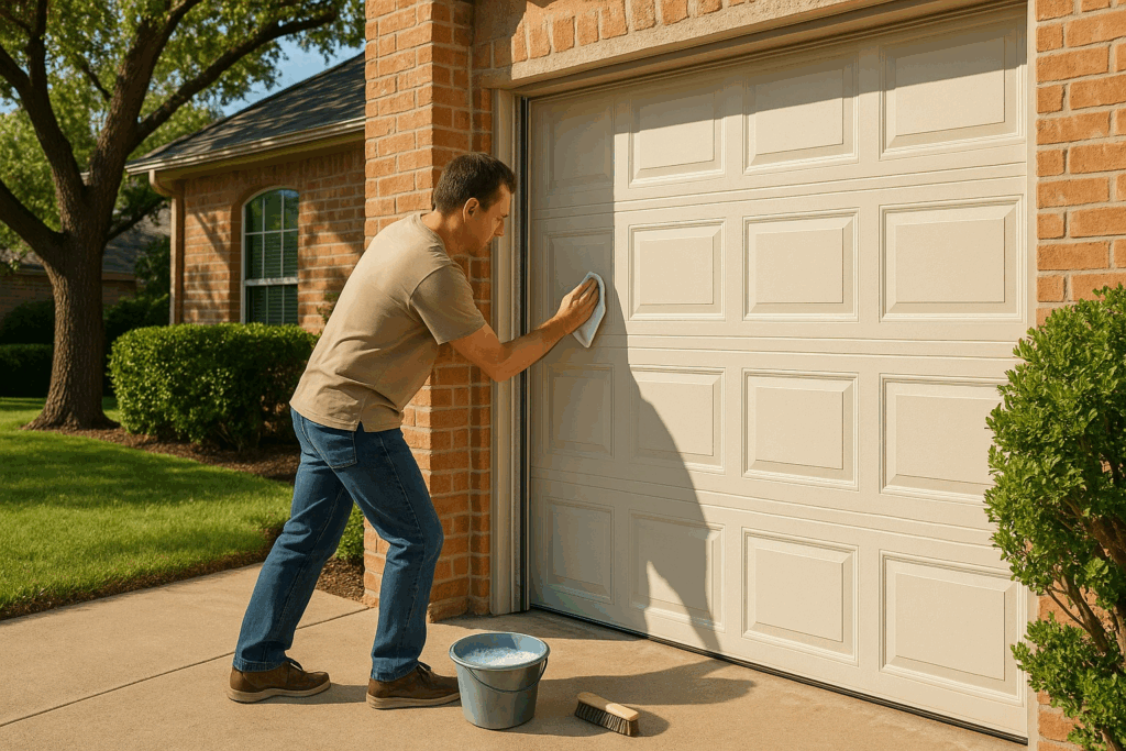 Man cleaning modern garage doors with cloth and bucket outside brick home.