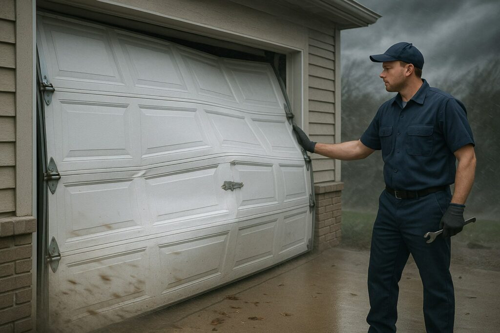 Garage Door Maintenance professional inspecting a damaged garage door after strong winds, assessing needed repairs for safe restoration.