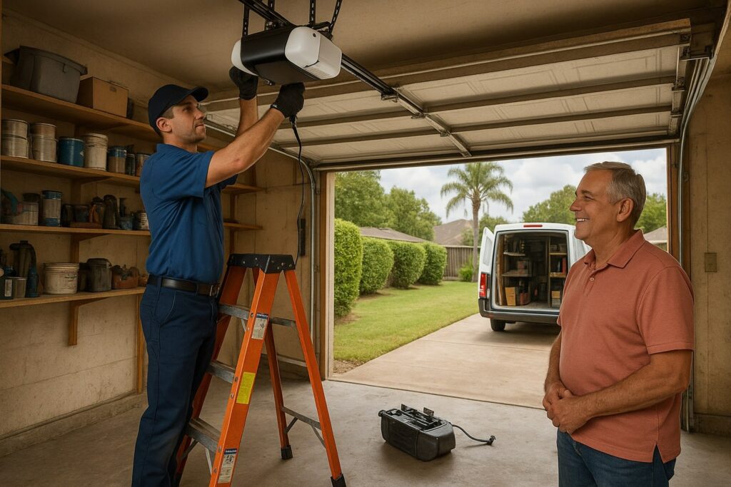 Why Houston, TX Homeowners Choose Us for Garage Door Opener Repair 3 Technician performing garage door opener repair while homeowner observes in residential garage.