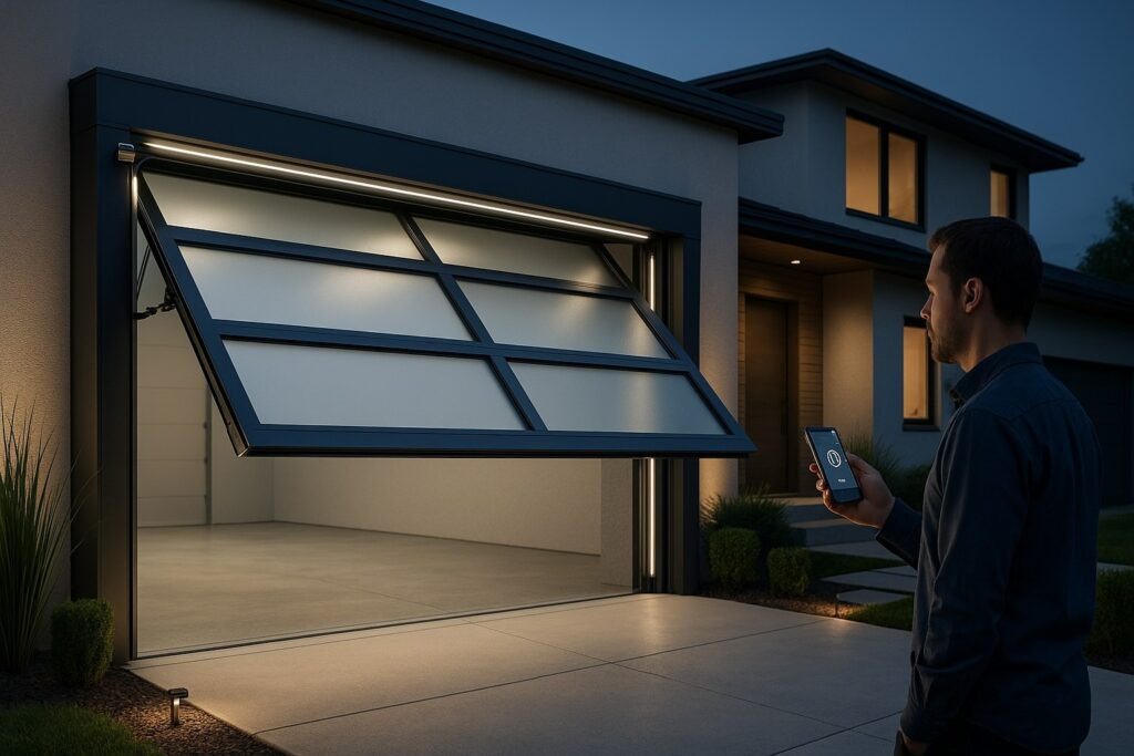 Why Houston, TX Homeowners Choose Us for Garage Door Opener Repair 4 Homeowner using smartphone to control sleek modern smart garage door opener with integrated lighting at dusk.