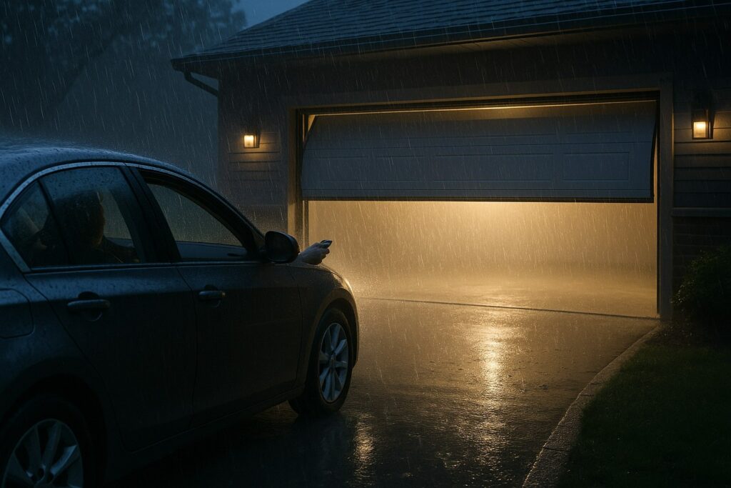A person opens automatic garage doors from their car during heavy rain, illuminated by warm garage lighting.