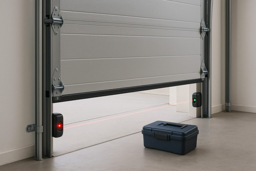 Safety sensors stop automatic garage doors from closing when an object blocks the beam.