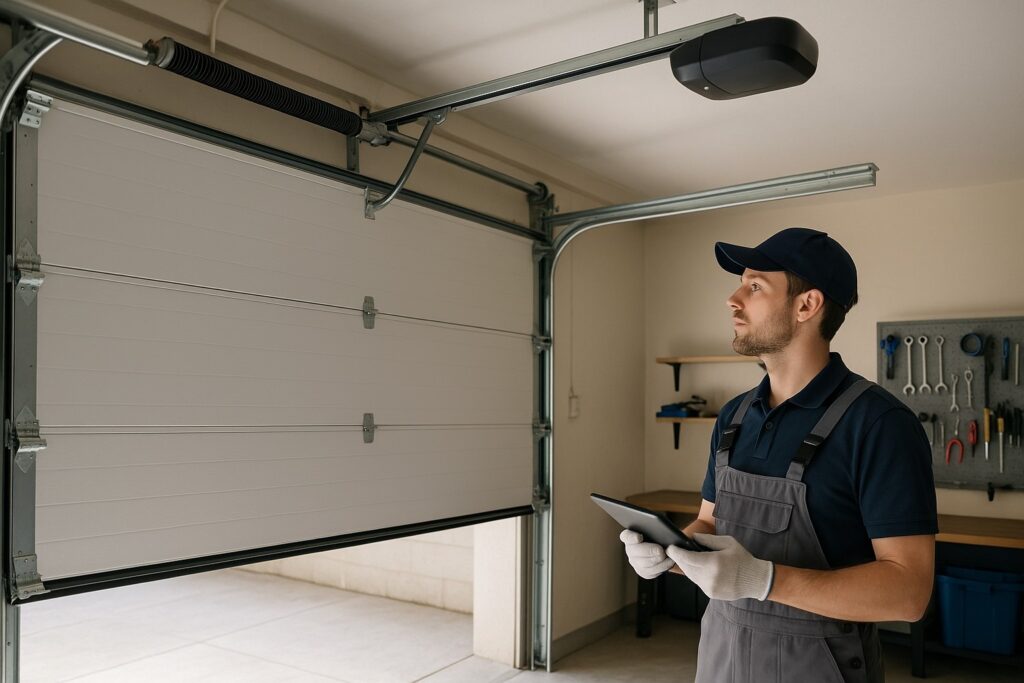 Best Times of Year to Schedule Preventive Garage Door Repair 4 Garage door repair technician inspecting a residential overhead garage door.