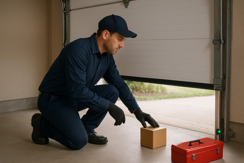 Best Times of Year to Schedule Preventive Garage Door Repair 3 Garage door repair technician testing garage door safety sensor with a box near the floor.